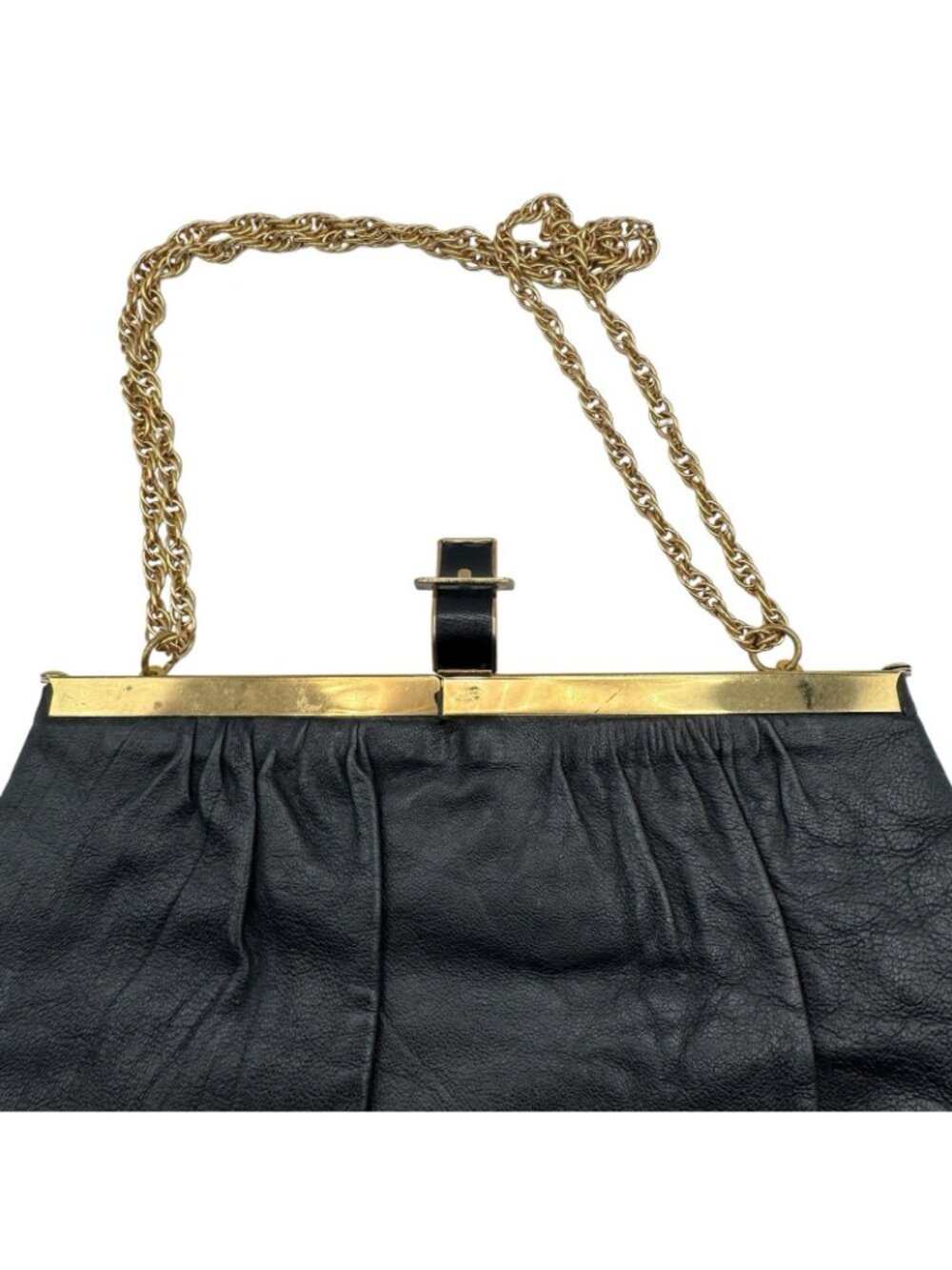 Vintage Mid Century Black Leather Frame Purse Gold Chain Strap Mad Men Style - Picture 11 of 16
